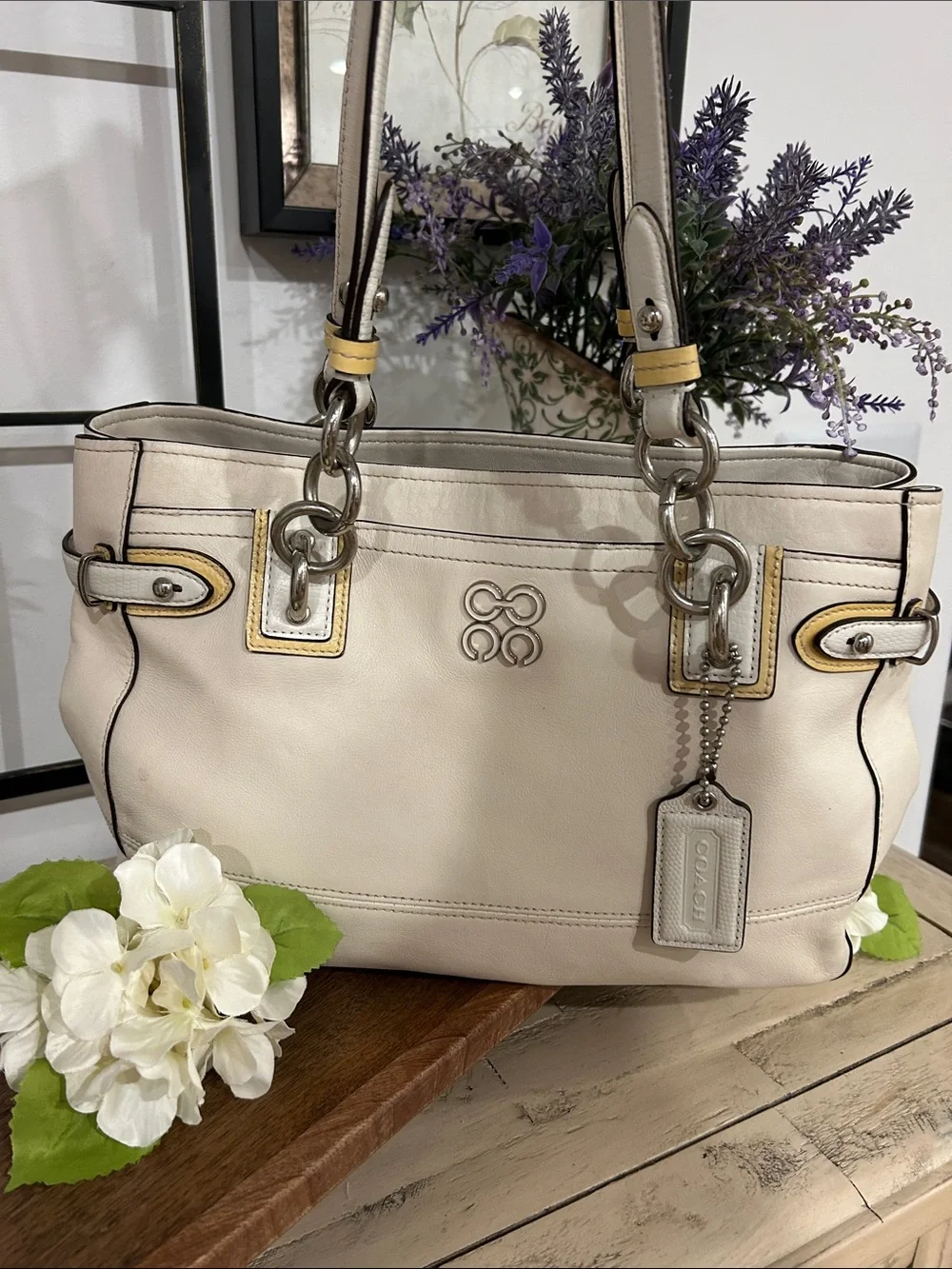 Coach Cream Leather Shoulder Tote with Yellow Accents